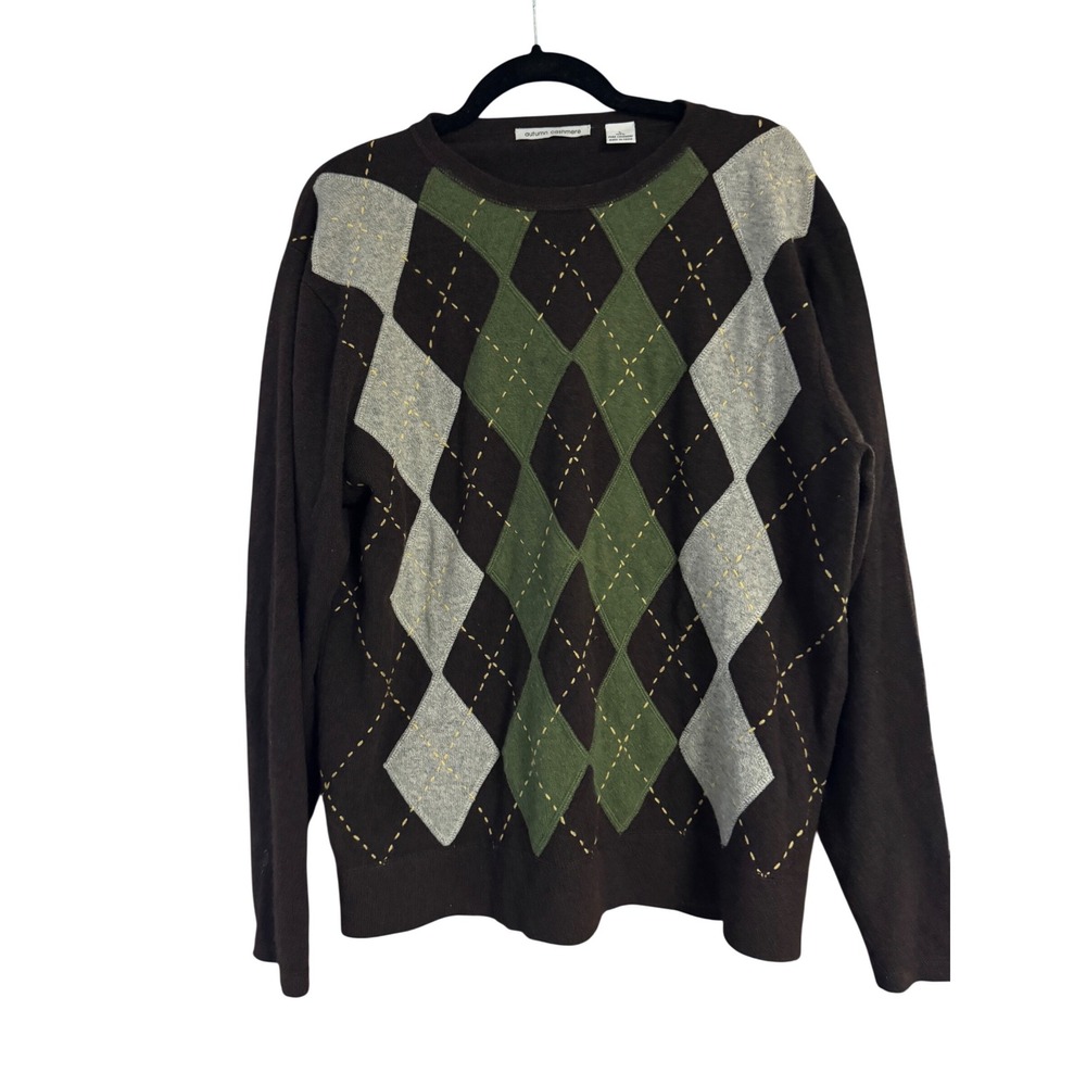 Autumn Cashmere Mens 100% Pure Cashmere Argyle Crewneck Sweater Brown Green L